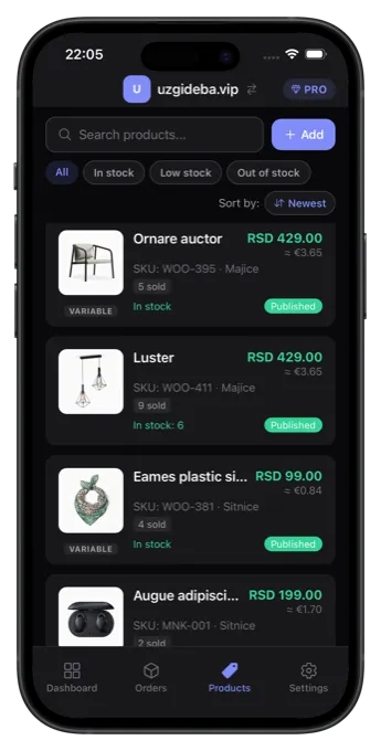 Products screen