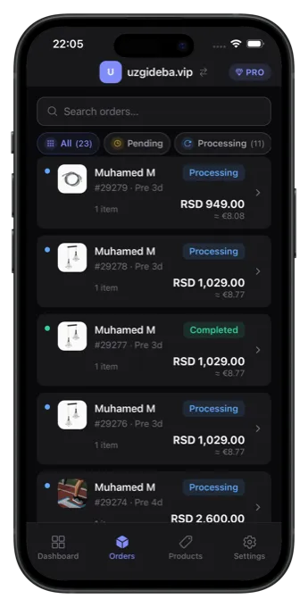 Orders screen
